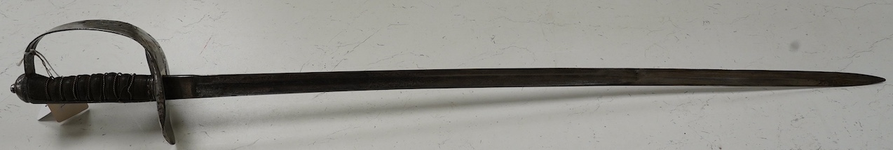 A Victorian 1897 pattern Royal Engineers officer’s sword by Wilkinson, No. 27191, etched with regimental devices, owner’s crest and initials, regulation steel guard, blade 83cm. Condition - poor